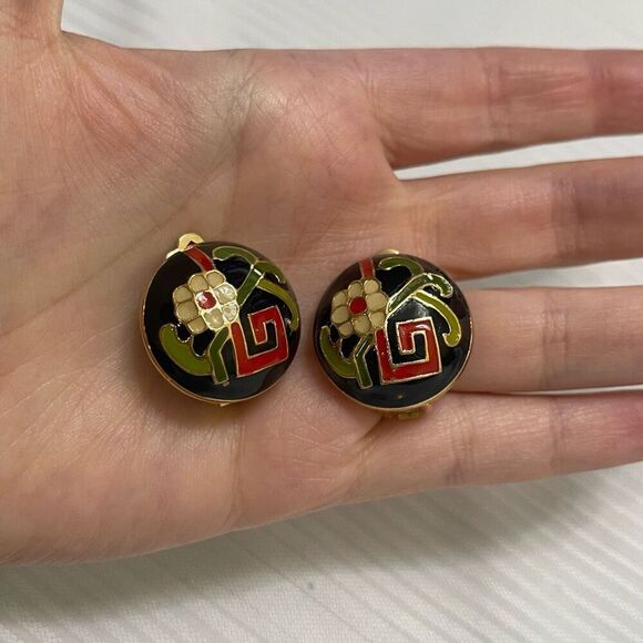 Diane Von Furstenberg DVF Gold Tone Cloisonne Enamel Clip Earrings VTG RARE - Picture 4 of 8